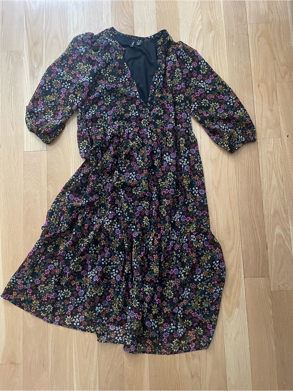 Vero Moda Black Floral V-Neck Tiered Midi Dress